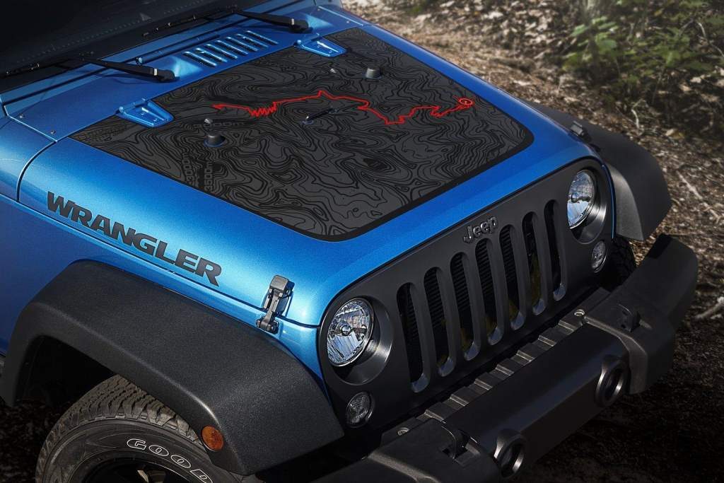 The Black Bear Trail Map is imprinted on the hood of the 2016 Jeep Wrangler Black Bear Edition