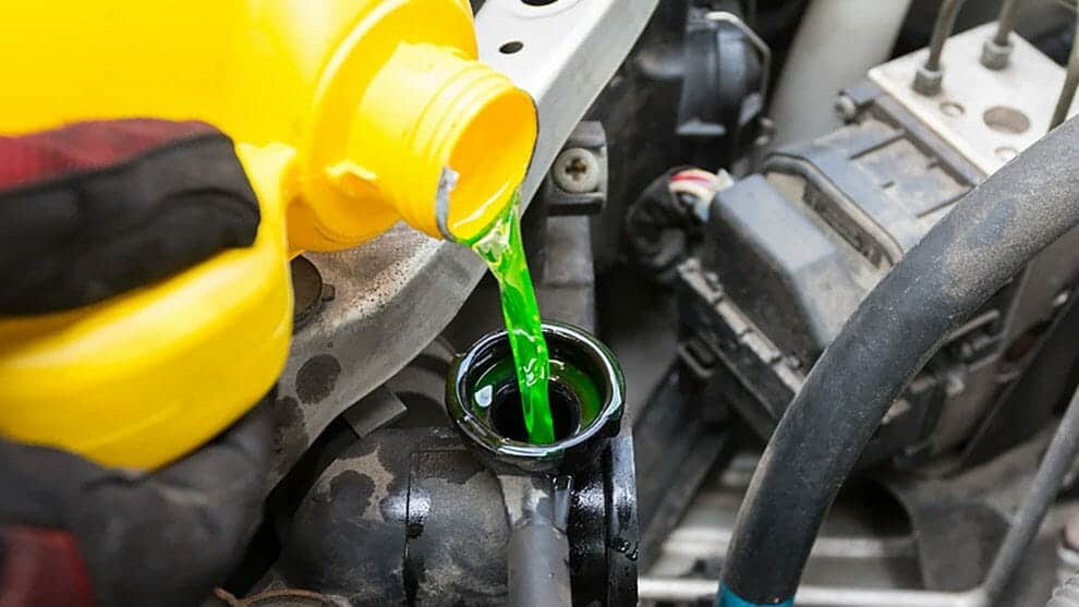 Original green antifreeze is poured into car's cooling system