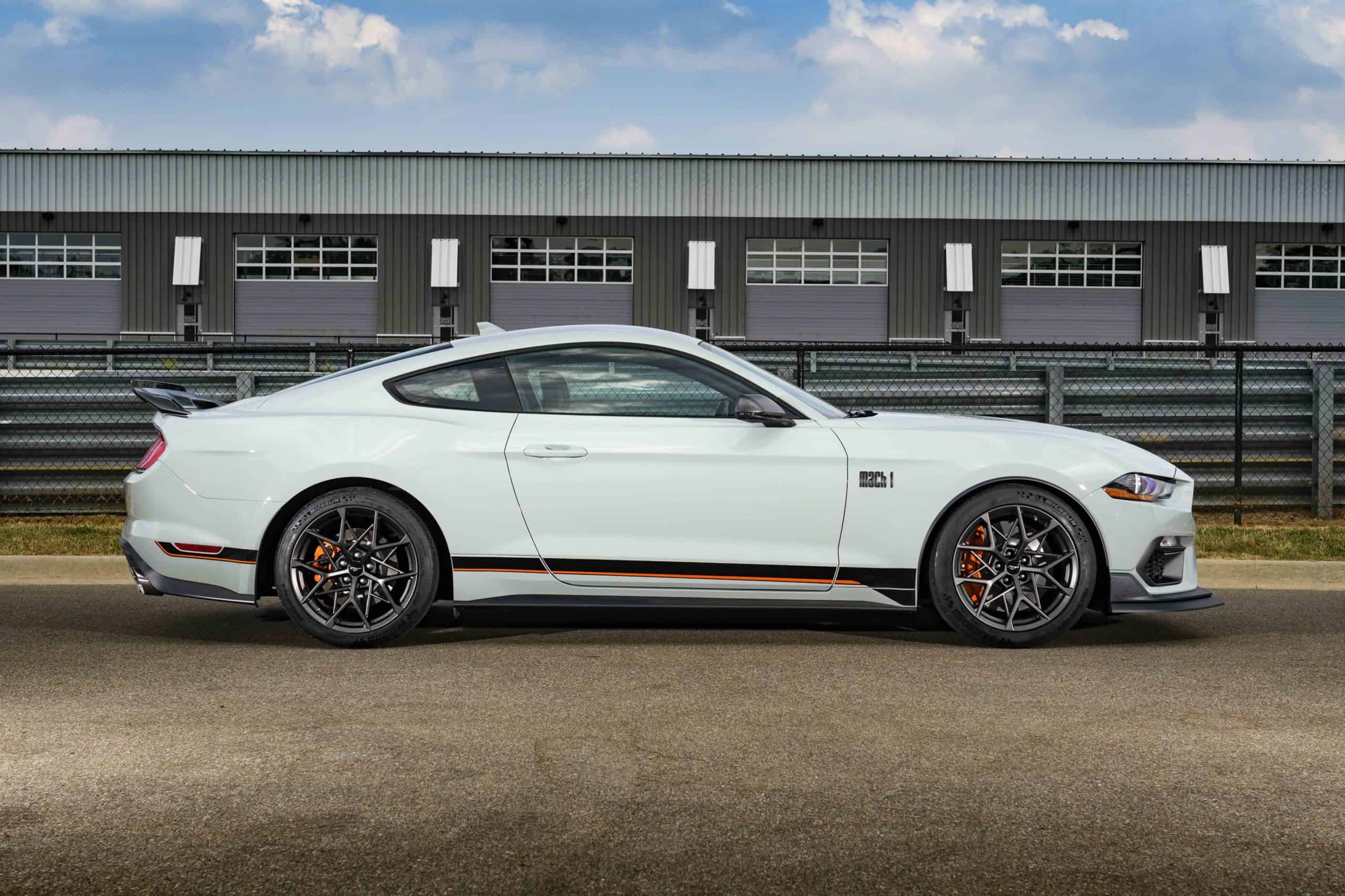 side profile of 2021 Ford Mustang Mach 1 in white
