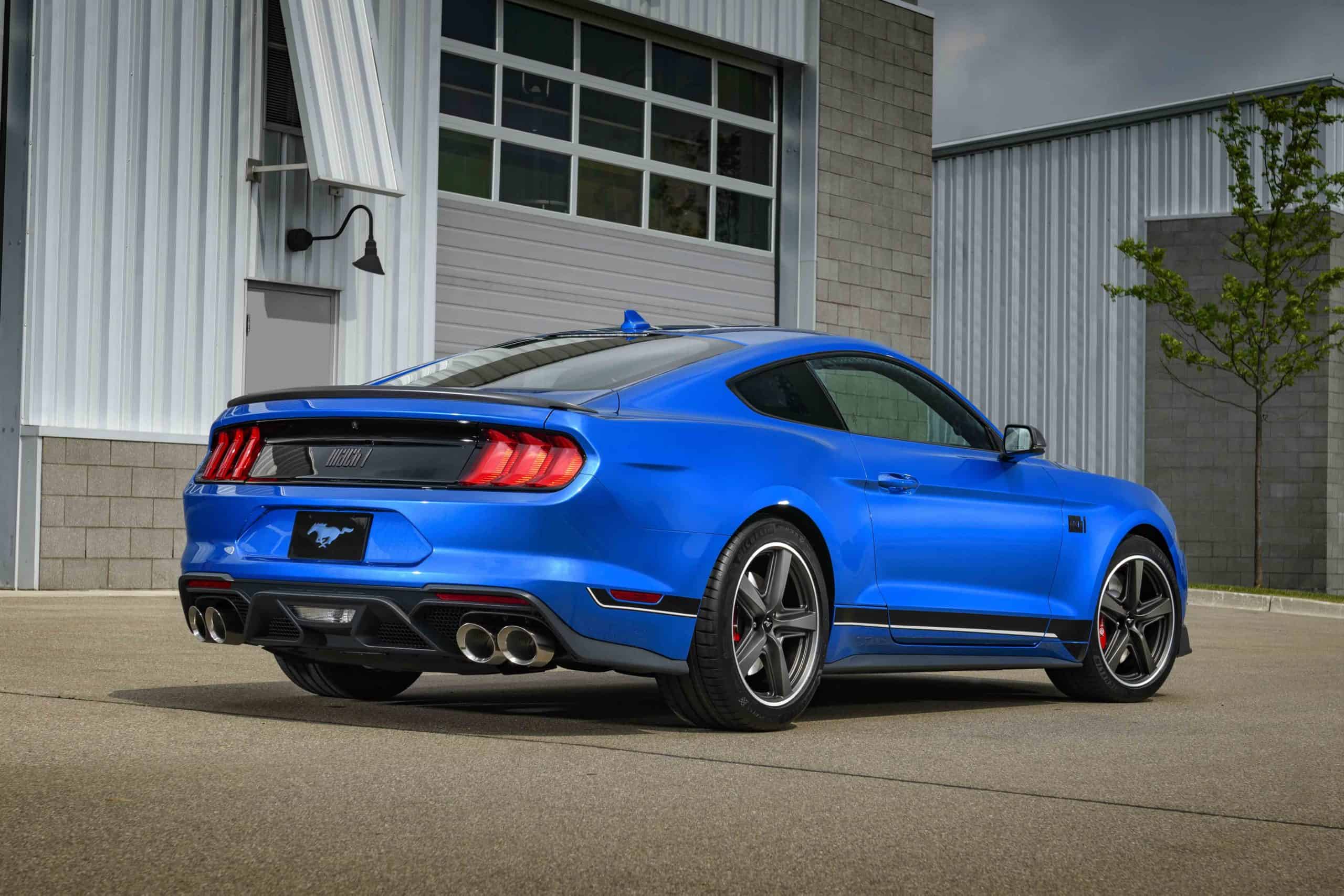 rear end of blue 2021 mach 1 mustang