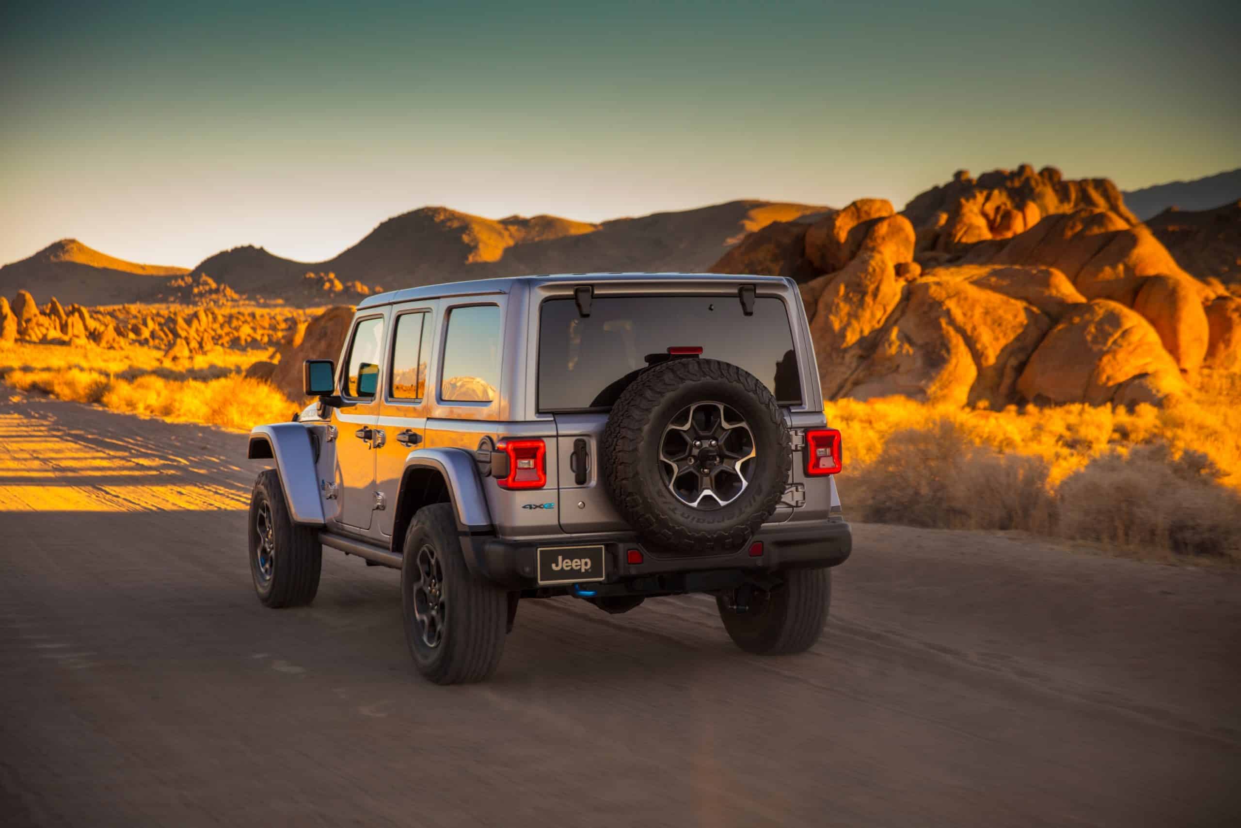 2021 Jeep Wrangler 4xe dirt road in desert